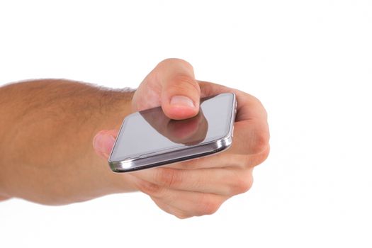 Hand giving smart phone with blank screen, isolated on white background.
