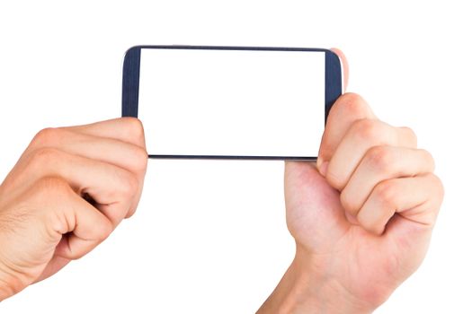 Hand holding and showing smart phone with blank, white screen, front view, isolated on white background.