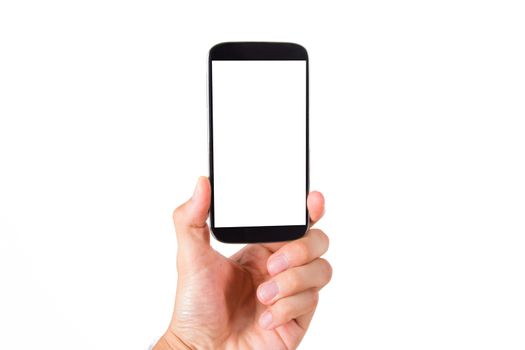 Hand holding smart phone with blank, white screen, front view, isolated on white background.