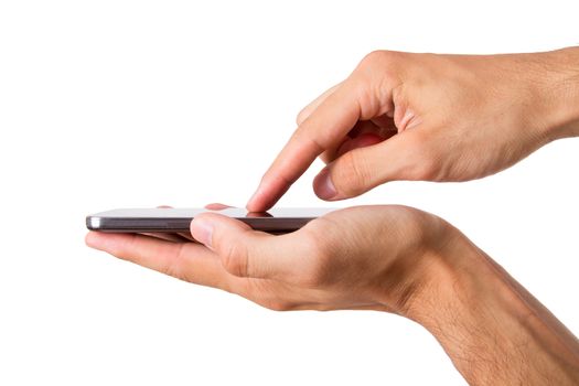 Hand holding and touching smart phone with blank screen, side view, isolated on white background.