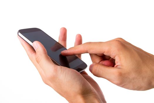 Hand holding and touching smart phone with blank screen, side view, isolated on white background.