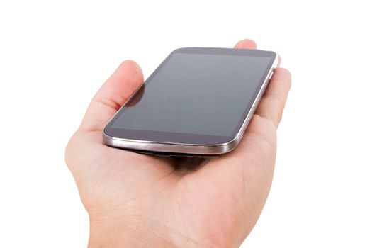 Hand holding mobile phone with blank, dark screen, isolated on white background.