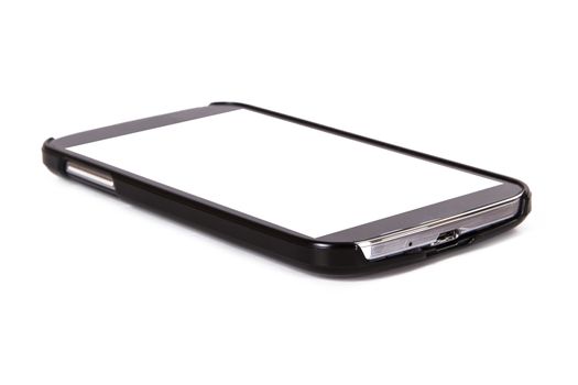Smart phone with blank, white screen, isolated on white background.