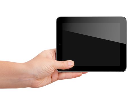 Realistic tablet device with blank touch screen holding by hand, isolated on white background.