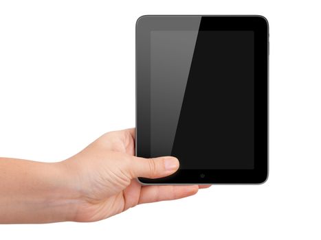 Realistic horizontal tablet device with blank touch screen holding by hand, isolated on white background.