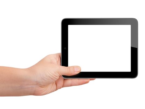 Realistic horizontal tablet device with blank white touch screen holding by hand, isolated on white background.