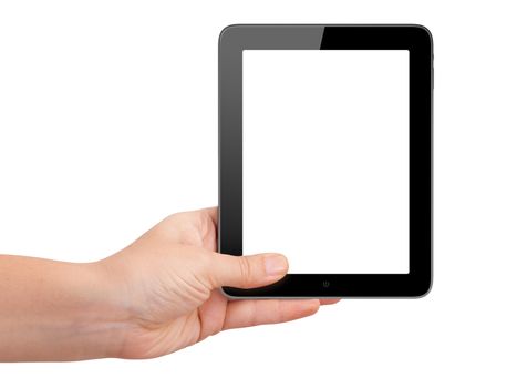 Realistic vertical digital tablet device with blank white touch screen holding by hand, isolated on white background.