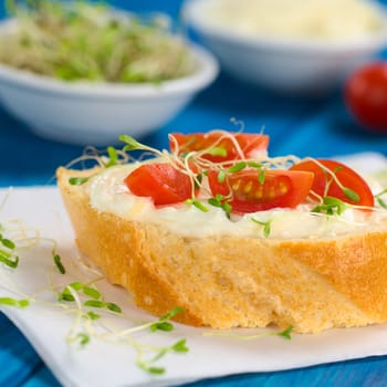 Baguette slice spread with cream cheese, with cherry tomato and alfalfa sprouts on top served on sandwich paper (Selective Focus, Focus on the front of the first tomato pieces)  
