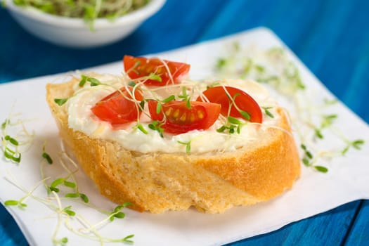 Baguette slice spread with cream cheese, with cherry tomato and alfalfa sprouts on top served on sandwich paper (Selective Focus, Focus on the front of the first tomato pieces)  