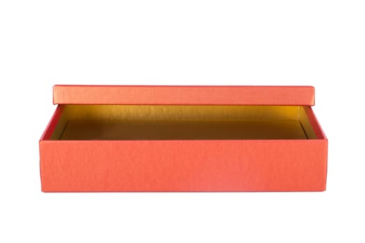 Open, empty box, side view, isolated on white background.