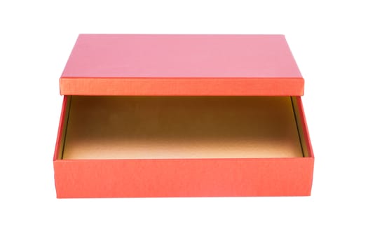 Open, empty box, side view, isolated on white background.