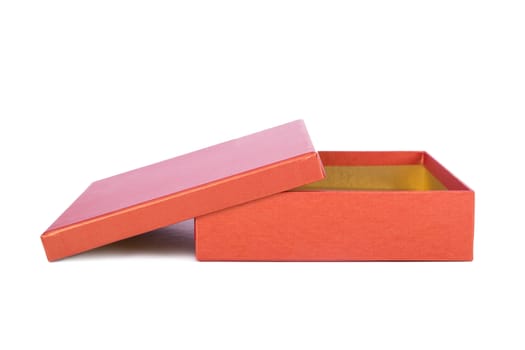 Open, empty box, side view, isolated on white background.