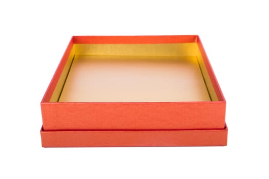 Open, empty box, front view, isolated on white background.