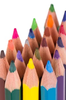 Close up view of colorful pencils, isolated on white background.