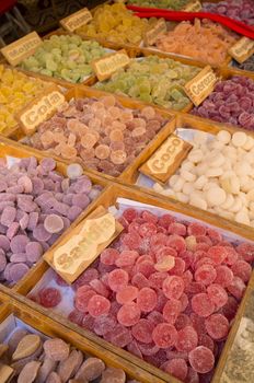 Full frame take of fruit jelly candy on a market stall