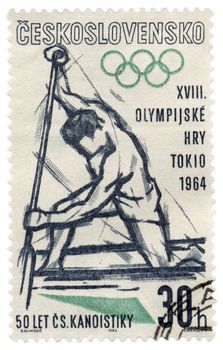 CZECHOSLOVAKIA - CIRCA 1963: A stamp printed in Czechoslovakia, shows canoe rower, devoted to Olympics in Tokyo, series, circa 1963