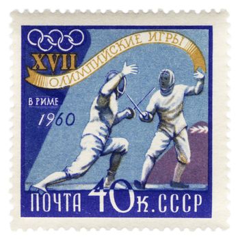 USSR - CIRCA 1960: A post stamp printed in USSR (Russia) shows fencing, dedicated to the Olympic Games in Rome, series, circa 1960