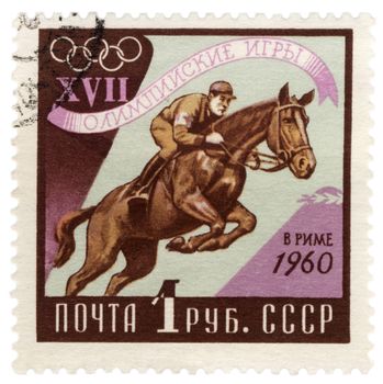 USSR - CIRCA 1960: A post stamp printed in USSR (Russia) shows horse jumping show, dedicated to the Olympic Games in Rome, series, circa 1960