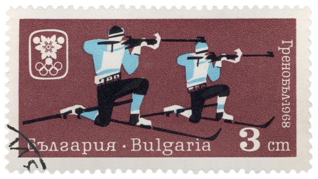 BULGARIA - CIRCA 1968: A post stamp printed in Bulgaria shows two biathlon shooting rifles, dedicated to Winter Olympic games in Grenoble, series, circa 1968
