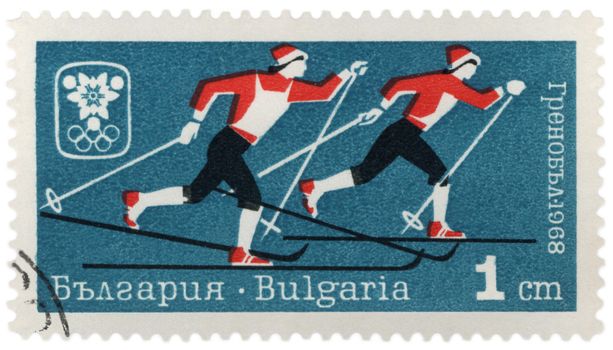 BULGARIA - CIRCA 1968: A post stamp printed in Bulgaria shows ski race, dedicated to Winter Olympic games in Grenoble, series, circa 1968