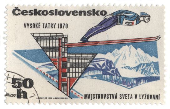 CZECHOSLOVAKIA - CIRCA 1970: A post stamp printed in Czechoslovakia shows ski jumper, dedicated to the  World Cup in skiing in High Tatras, series, circa 1970