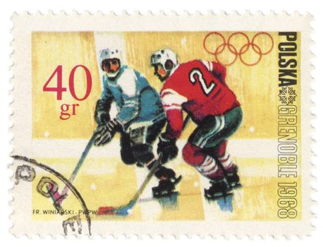 POLAND - CIRCA 1968: A post stamp printed in Poland shows ice hockey, devoted to the Olympic Winter Games in Grenoble, series, circa 1968