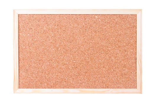 Blank, empty, brown cork plate, board with wooden frame, isolated on white background.