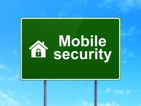 Protection concept: Mobile Security and Home icon on green road (highway) sign, clear blue sky background, 3d render