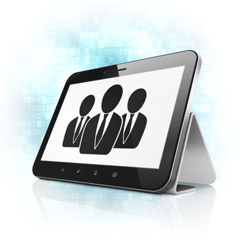 Advertising concept: black tablet pc computer with Business People icon on display. Modern portable touch pad on Blue Digital background, 3d render