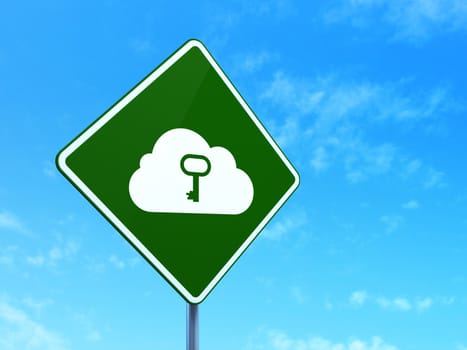 Cloud computing concept: Cloud With Key on green road (highway) sign, clear blue sky background, 3d render