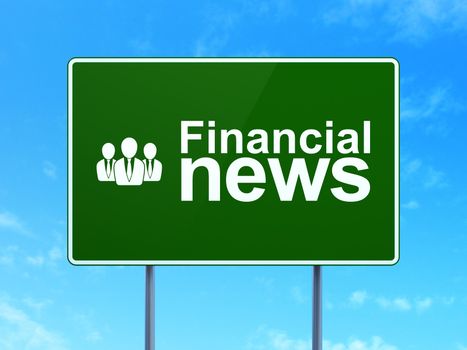 News concept: Financial News and Business People icon on green road (highway) sign, clear blue sky background, 3d render