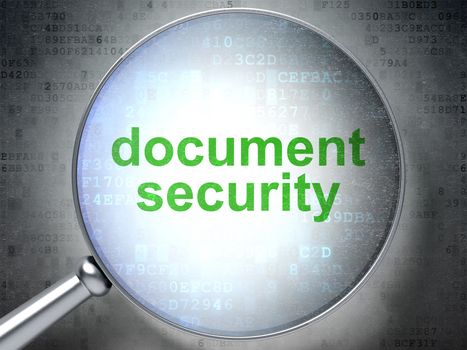 Safety concept: magnifying optical glass with words Document Security on digital background, 3d render