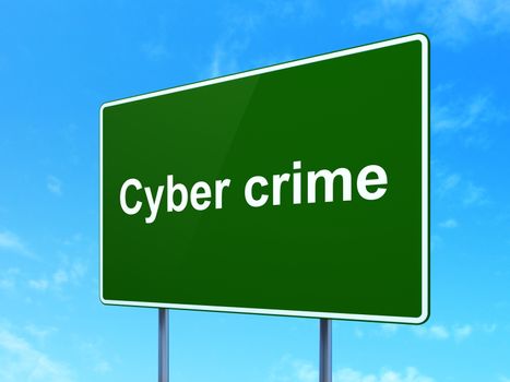 Safety concept: Cyber Crime on green road (highway) sign, clear blue sky background, 3d render