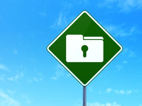 Business concept: Folder With Keyhole on green road (highway) sign, clear blue sky background, 3d render