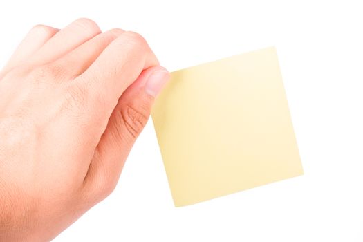 Hand holding blank, empty, yellow sticky post it note with copy space, isolated on white background.