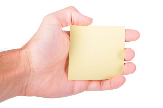 Hand holding blank, empty, yellow sticky post it note with copy space, isolated on white background.