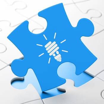 Business concept: Energy Saving Lamp on Blue puzzle pieces background, 3d render
