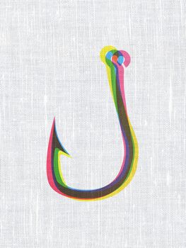 Privacy concept: CMYK Fishing Hook on linen fabric texture background, 3d render
