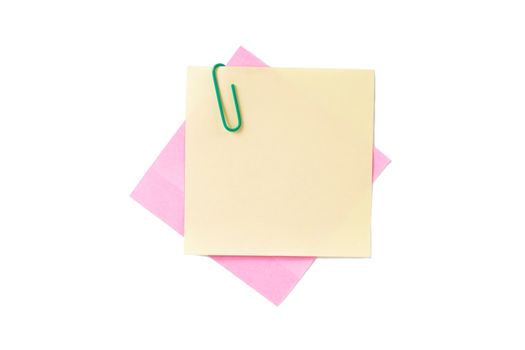 Blank, empty sticky posts with paper clip for your note, isolated on white background.
