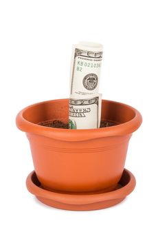 Flower pot and full of soil with one hundred dollar bills inside, isolated on white background.