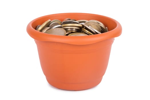 Flower pot and full of coins money inside, isolated on white background.