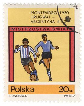 POLAND - CIRCA 1966: A post stamp printed in Poland devoted to the FIFA World Cup, Montevideo, 1930, shows Uruguay-Argentina match, circa 1966