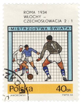 POLAND - CIRCA 1966: A post stamp printed in Poland devoted to the FIFA World Cup, Rome, 1934, shows the match Italy-Czechoslovakia, circa 1966