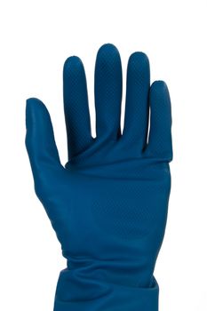 Blue cleaning glove, front view, isolated on white background.