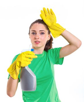 Maid woman is ready for cleaning. Isolated white background