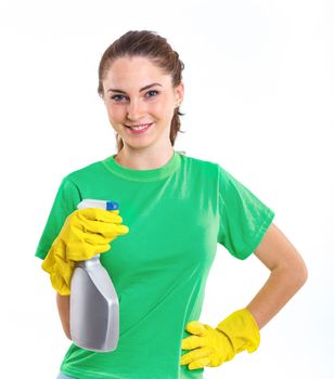 Maid woman is ready for cleaning. Isolated white background