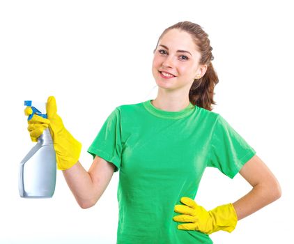 Maid woman is ready for cleaning. Isolated white background