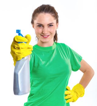 Maid woman is ready for cleaning. Isolated white background