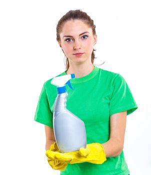Maid woman is ready for cleaning. Isolated white background
