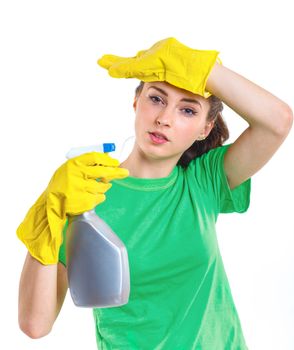 Maid woman is ready for cleaning. Isolated white background